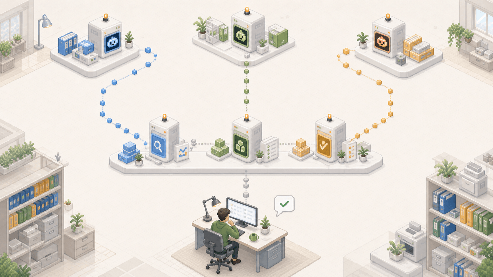 An agency studio with separate client lanes feeding a reusable research, delivery, and quality assurance pod
