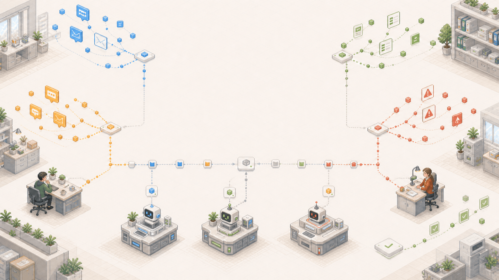 An operations command desk where support, messaging, form, and monitoring signals converge into one work queue