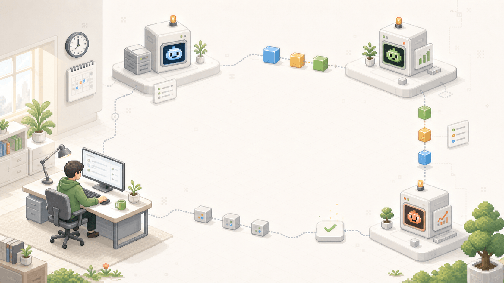 A solo founder studio connected to three agent workstations for coordination, building, and growth