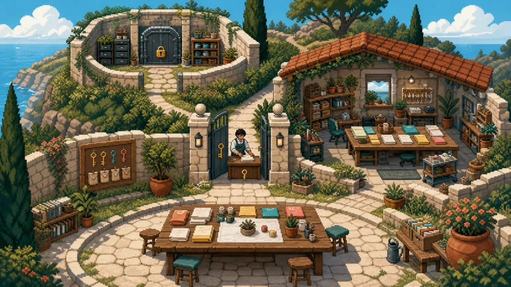 Pixel-art garden workshop with a staffed access gate, connected workroom, and protected credential vault.