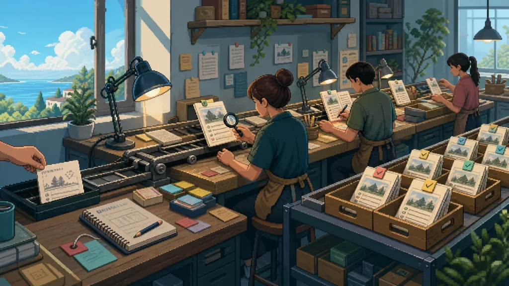 Pixel-art editorial workbench where requests move through review stations into checked work packets.