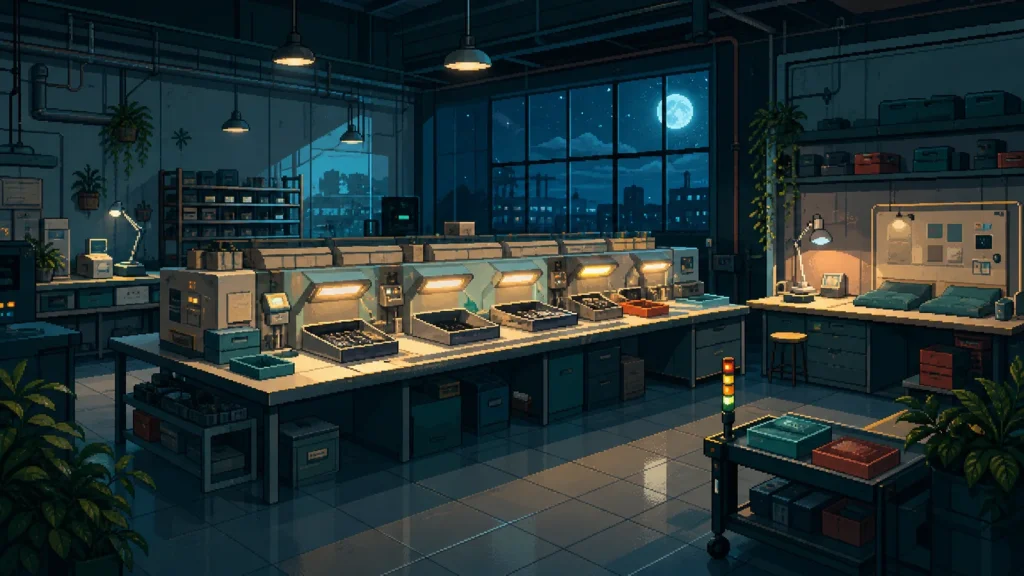 Pixel-art night-shift workshop with recurring task stations, review lights, and a safe pause point.