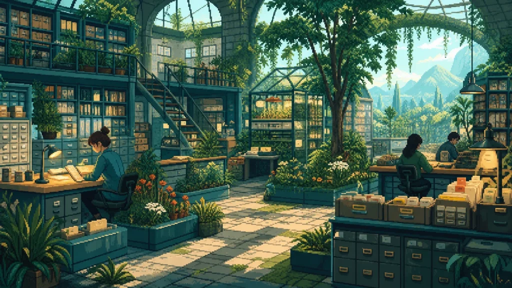 Pixel-art archive greenhouse where maintained reference shelves support calm workstations.