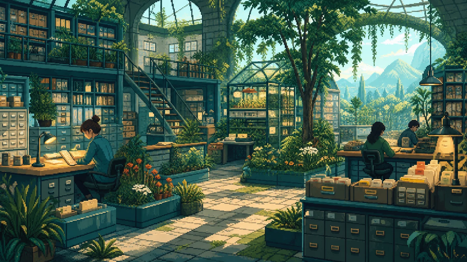 Pixel-art archive greenhouse where maintained reference shelves support calm workstations.