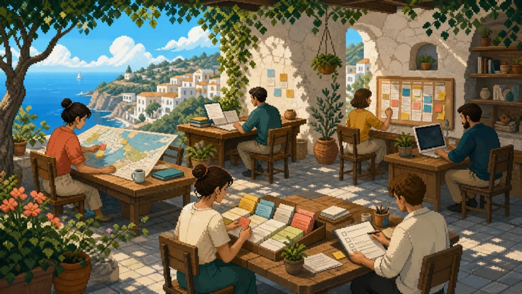 Pixel-art Mediterranean workshop with distinct stations for research, writing, planning, checking, and software work.
