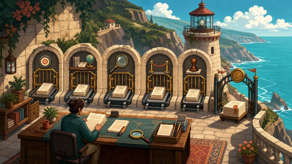 Pixel-art lighthouse review studio with five evidence checkpoints and a final approval gate.
