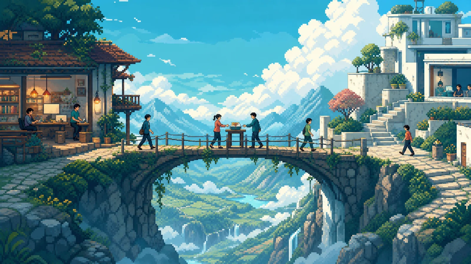 Pixel-art stone bridge connecting a local studio and a bright hilltop runtime station.