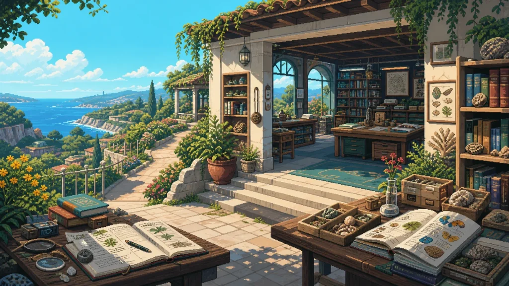 Pixel-art coastal field station with open notebooks, specimen trays, and a sunlit library workshop.
